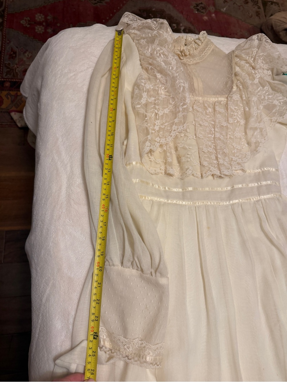 Vintage Cottagecore Lace Yoke Ivory prairie Dress with Ruffled Shoulders - Picture 10 of 11